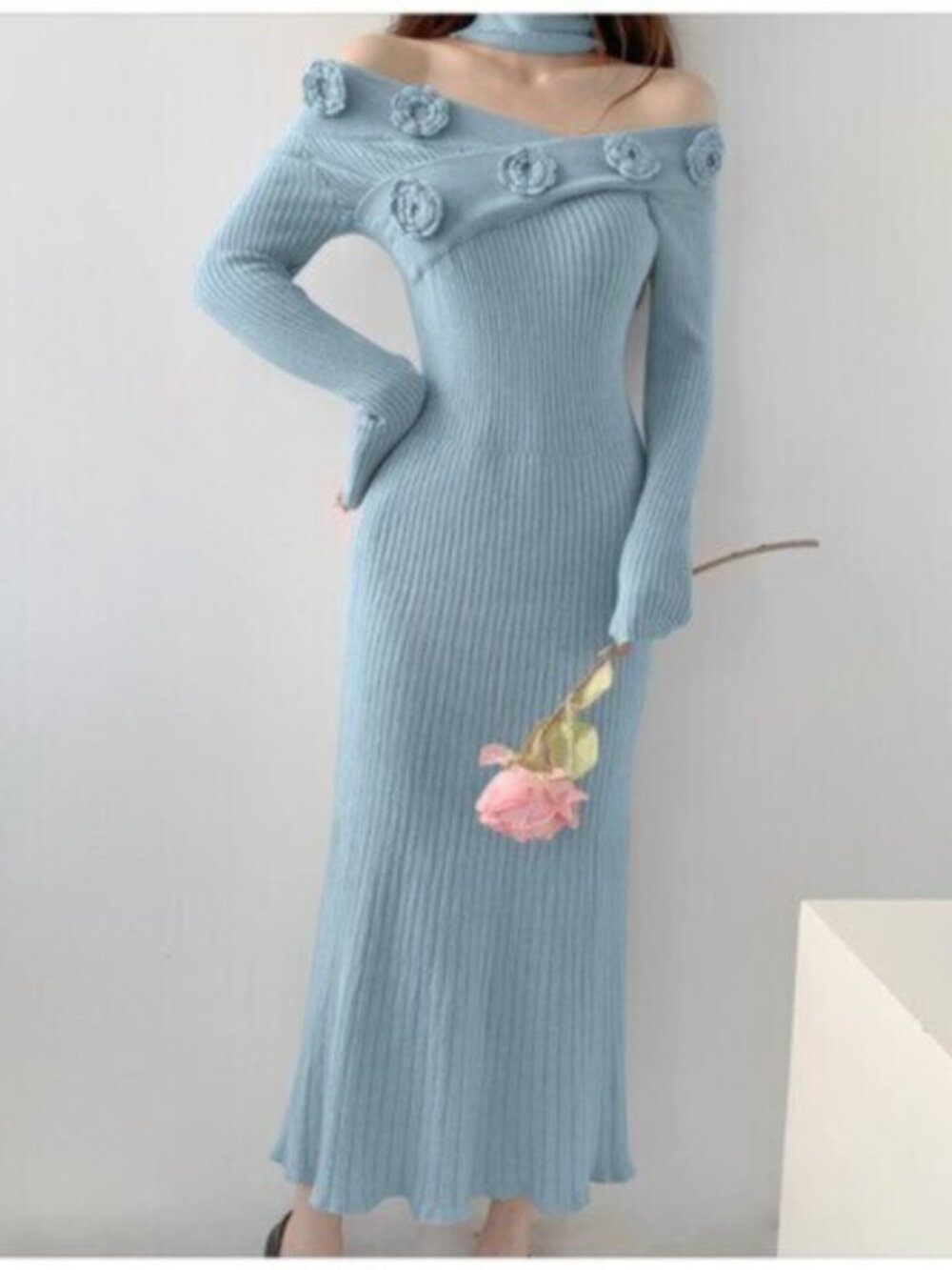 Women's Off-Shoulder Floral Decor Elegant Casual Long Sweater Dress